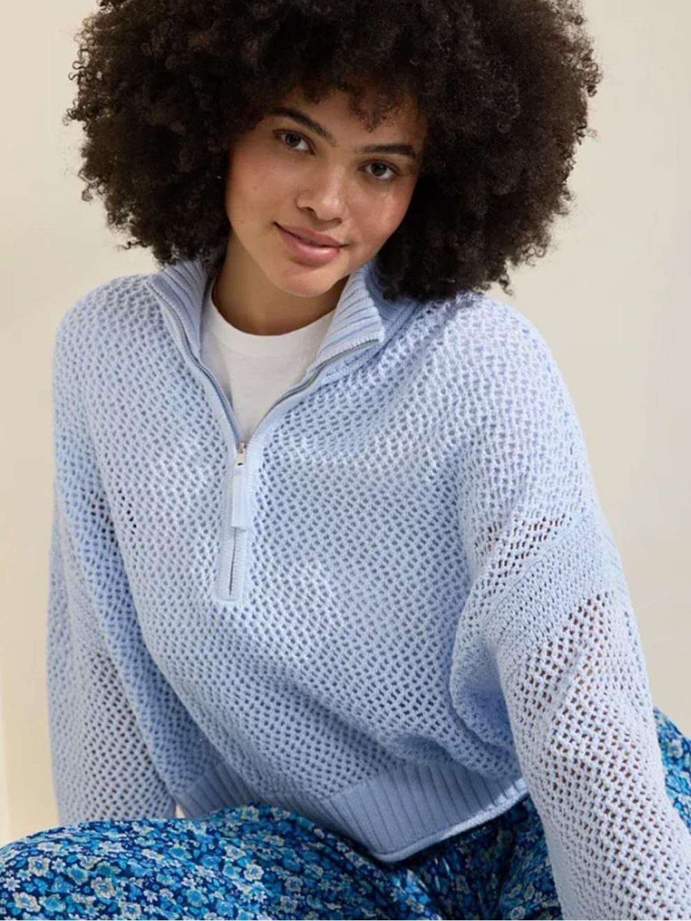 Aerie Crochet Quarter Zip Sweater Eyelet Blue Open Weave